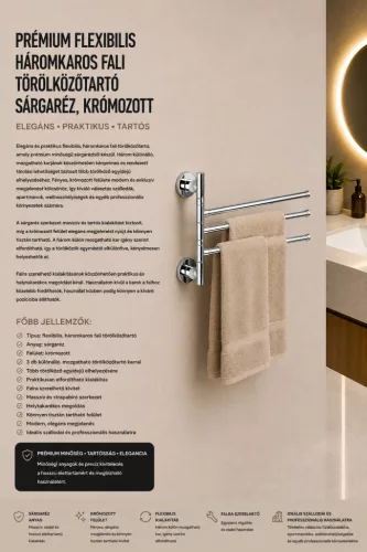 Prémiový flexibilný trojramenný nástenný držiak na uteráky – mosadz, chrómovaný