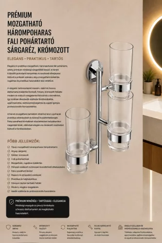 Prémiový otočný nástenný držiak na 3 poháre – mosadz, chrómovaný