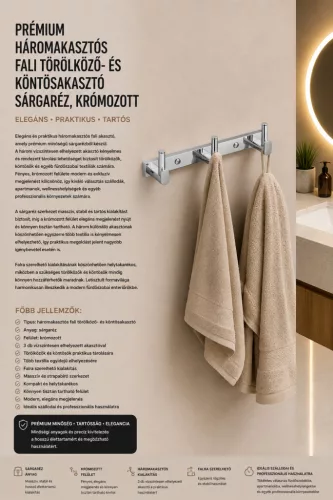 Prémiový nástenný vešiak na uteráky a župany s 3 háčikmi – mosadz, chrómovaný