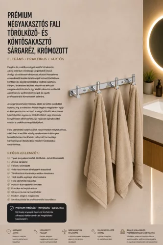 Prémiový nástenný vešiak na uteráky a župany so 4 háčikmi – mosadz, chrómovaný