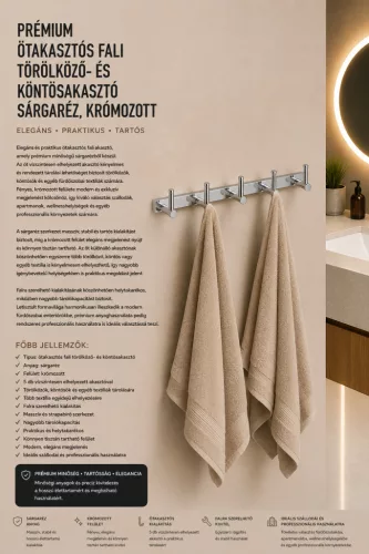 Prémiový nástenný vešiak na uteráky a župany s 5 háčikmi – mosadz, chrómovaný