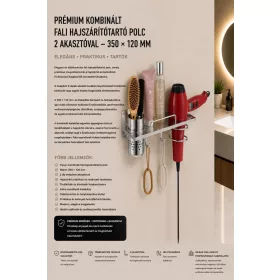   Prémiová kombinovaná nástenná polica s držiakom na fén a 2 háčikmi – 350 × 120 mm