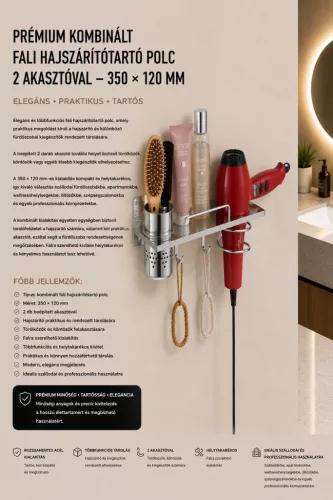 Prémiová kombinovaná nástenná polica s držiakom na fén a 2 háčikmi – 350 × 120 mm