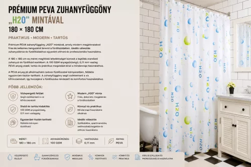 Prémiový sprchový záves z PEVA so vzorom „H2O“ – 180 × 180 cm