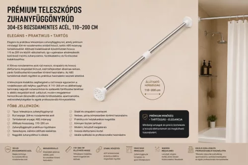 Prémiová teleskopická tyč na sprchový záves – nerez 304, 110–200 cm