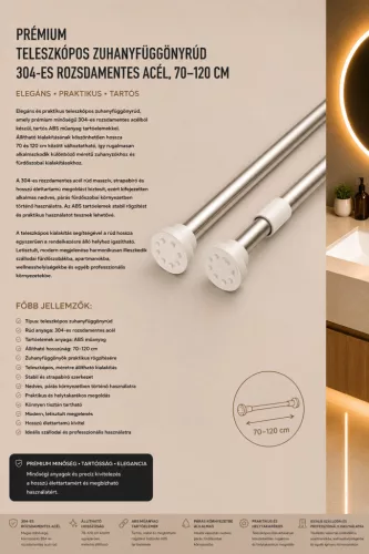 Prémiová teleskopická tyč na sprchový záves – nerez 304, 70–120 cm
