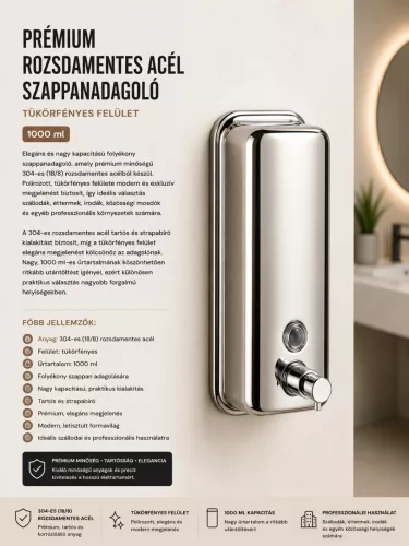 Prémiový nerezový dávkovač mydla – zrkadlový lesk, 1000 ml
