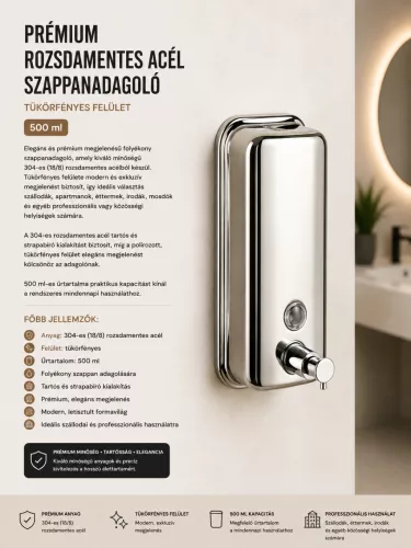 Prémiový nerezový dávkovač mydla – zrkadlový lesk, 500 ml
