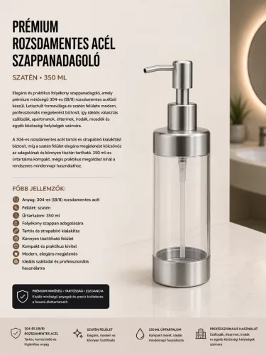 Prémiový nerezový dávkovač mydla – satén, 350 ml