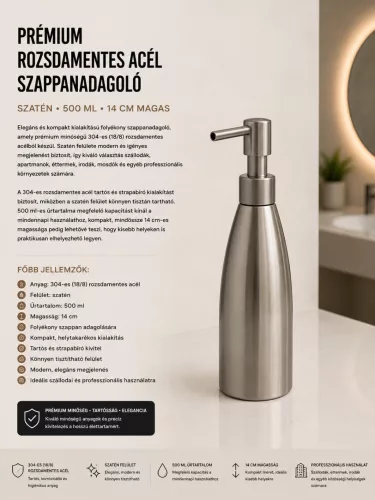 Prémiový nerezový dávkovač mydla – satén, 500 ml