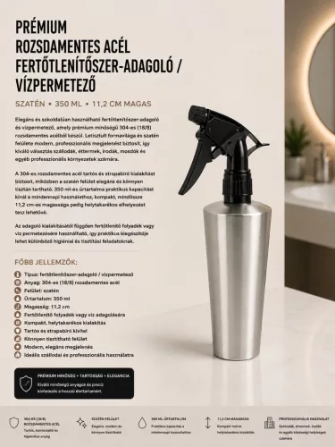 Prémiový nerezový dávkovač dezinfekcie / rozprašovač vody – satén, 350 ml