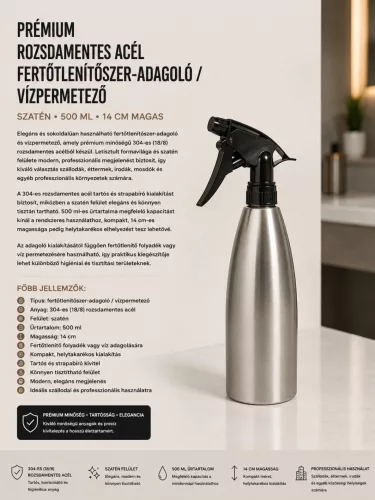 Prémiový nerezový dávkovač dezinfekcie / rozprašovač vody – satén, 500 ml