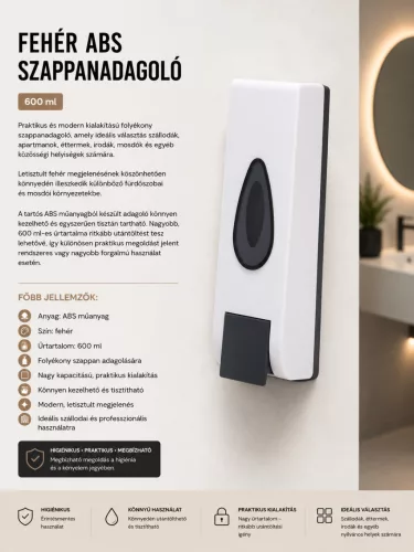 Biely dávkovač mydla z ABS – 600 ml