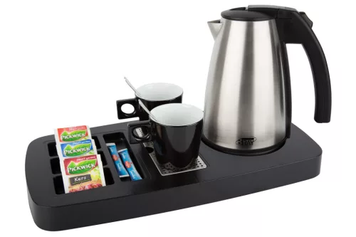 Btray Sense podnos + Style rýchlovarná kanvica, 1 l + 2 čierne šálky – súprava
