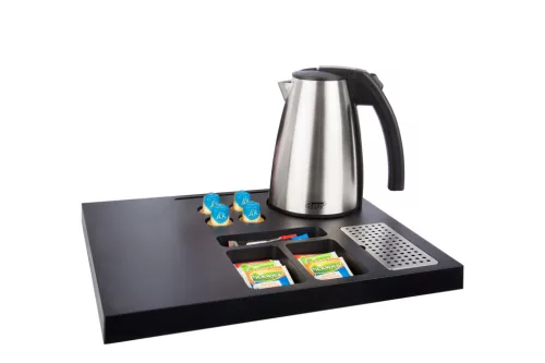 Btray Siesta podnos + Style rýchlovarná kanvica, 1 l + 2 biele šálky – súprava