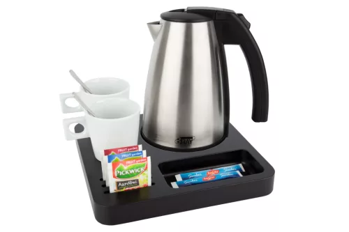 Btray Slim podnos + Style rýchlovarná kanvica, 1 l + 2 biele šálky – súprava