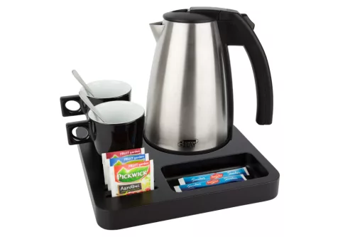 Btray Slim podnos + Style rýchlovarná kanvica, 1 l + 2 čierne šálky – súprava