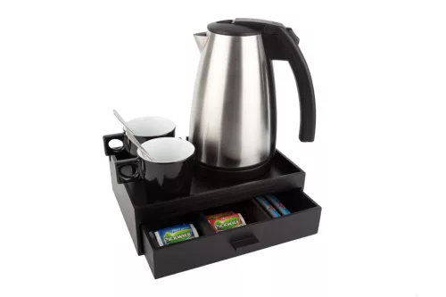 Btray Smart podnos + Style rýchlovarná kanvica, 1 l + 2 čierne šálky – súprava