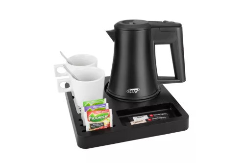 Btray Square podnos + Star rýchlovarná kanvica, 0,5 l, čierna + 2 biele šálky – súprava